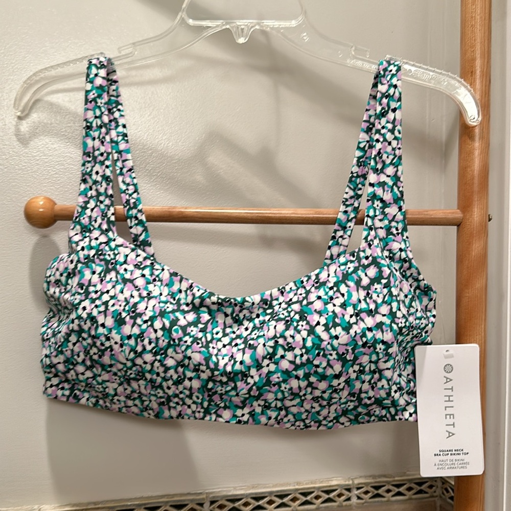 NWT Athleta Square Neck Bra Cup Bikini Top - 38 D/DD - green/violet print